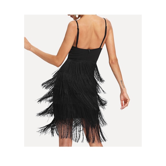 Black Sleeveless Bodycon Tiered Fringes Cami Dress - Picture 4 of 5